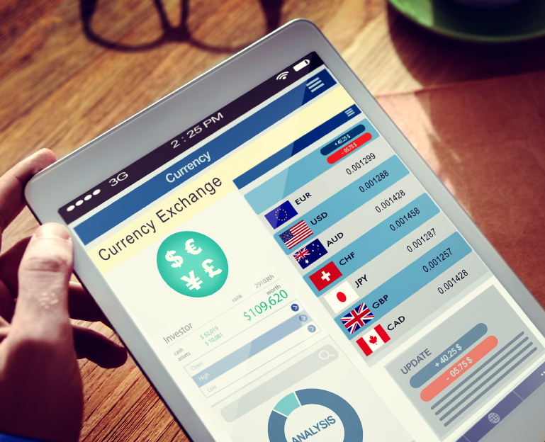 Man Analysis Currency Rate on Tablet