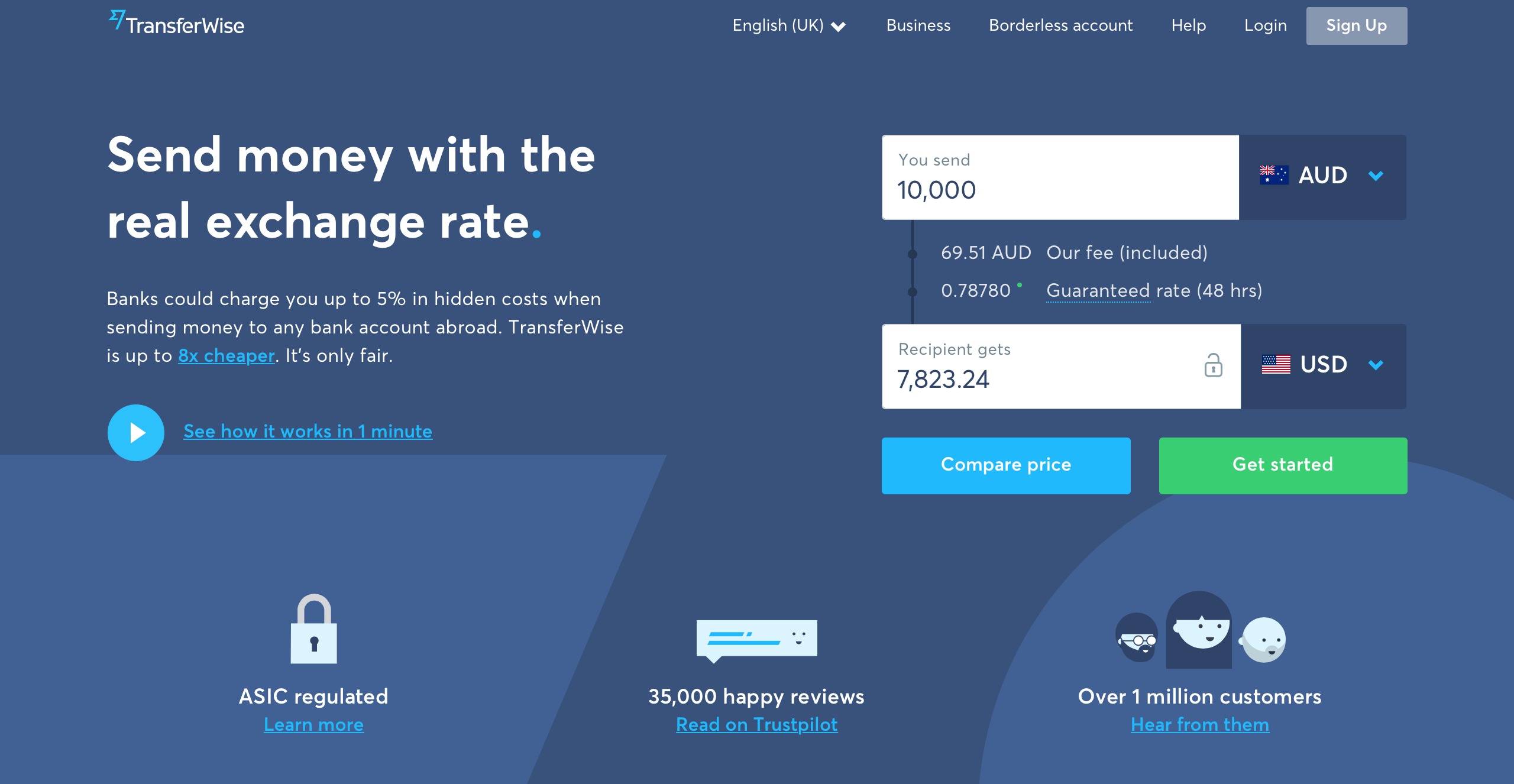 Screenshot of Transferwise's homepage