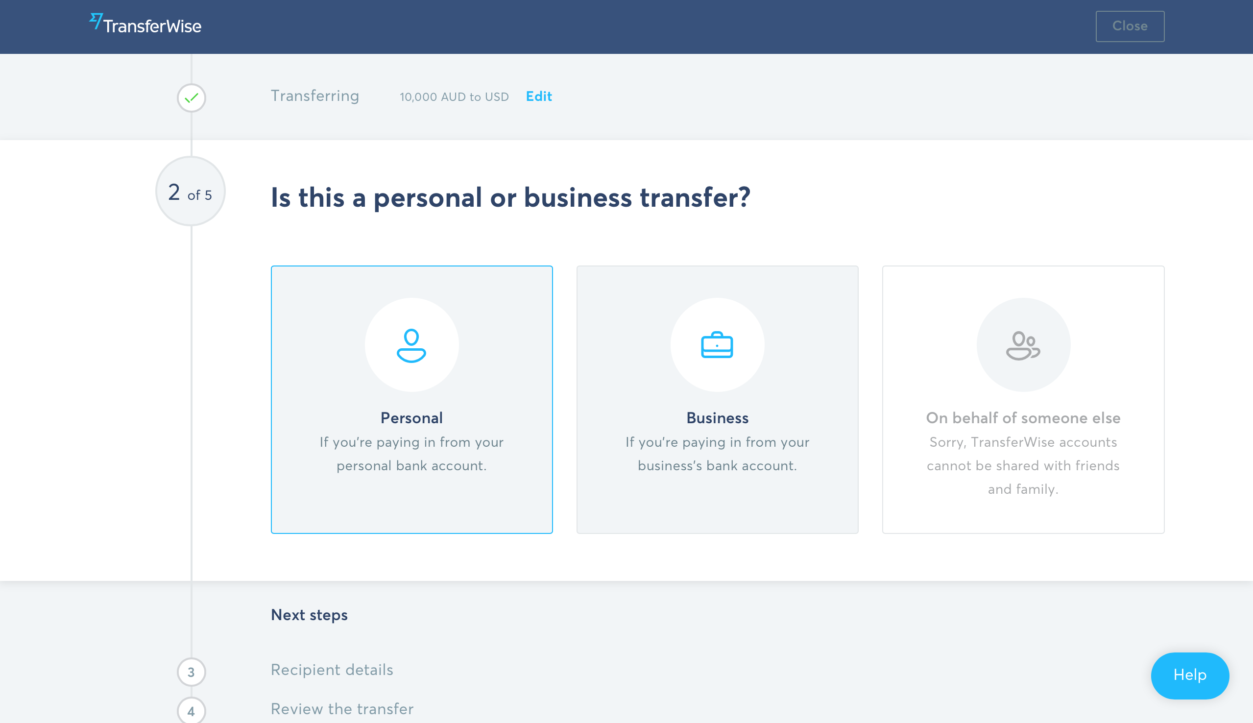 Types of online transfer personal business for someone else