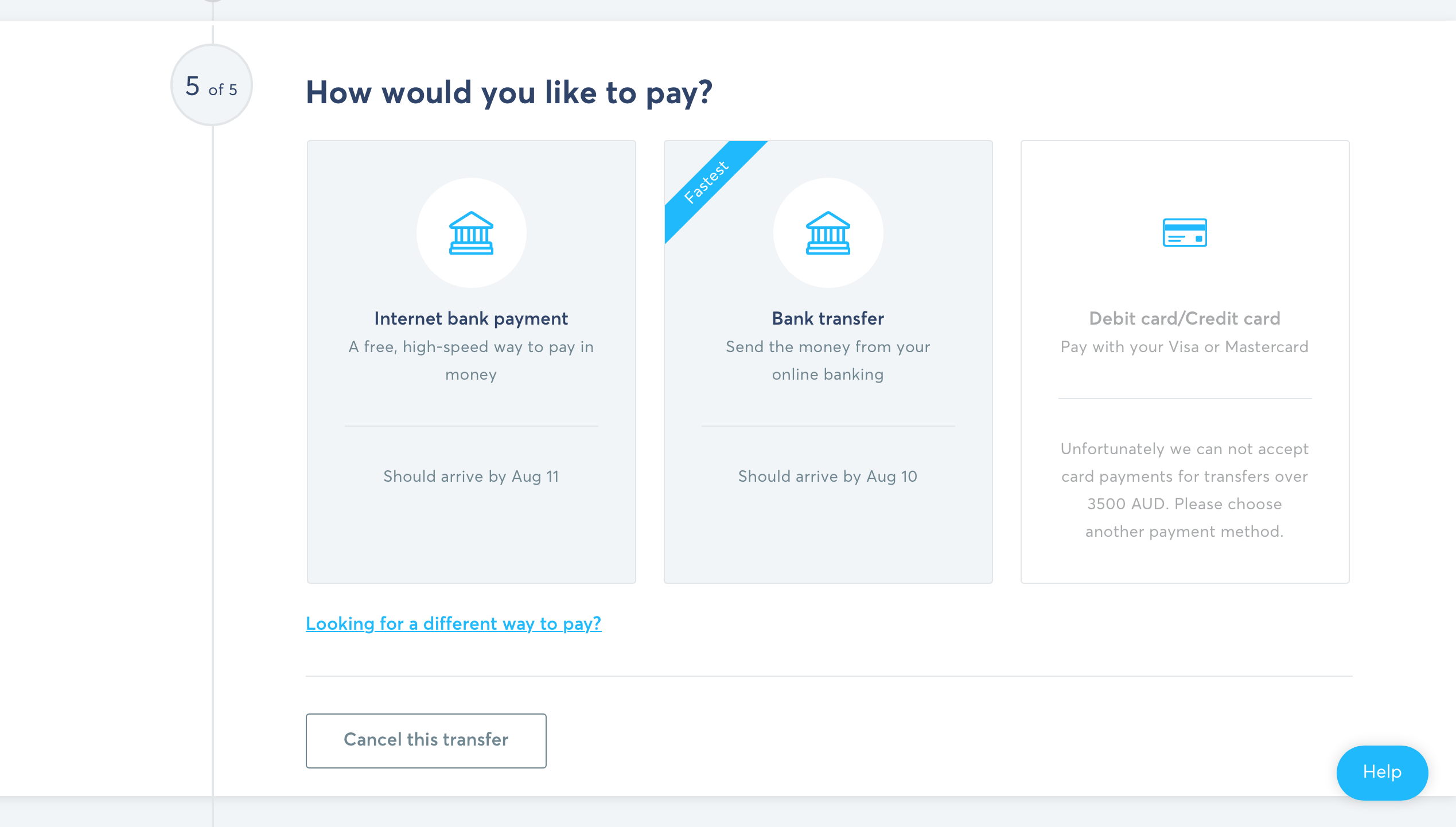 Screenshot of different ways you can pay online internet bank payment, bank transfer, debit card, credit card