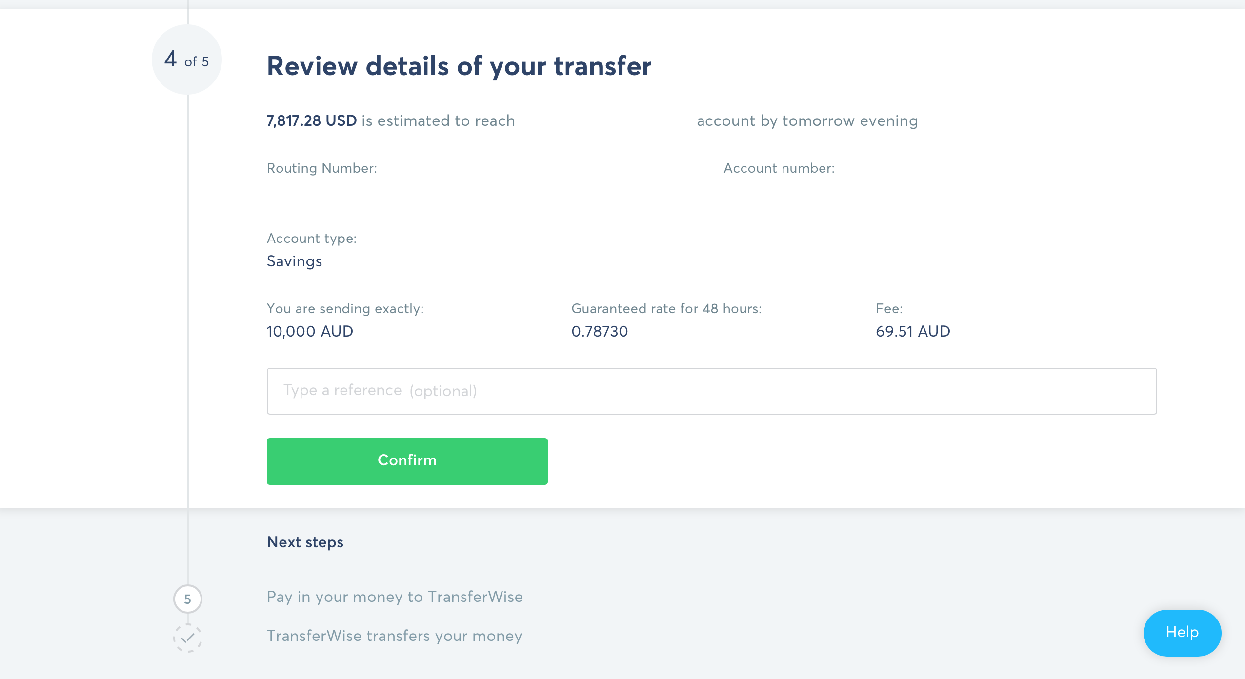 Screenshot of review details when making money transfer